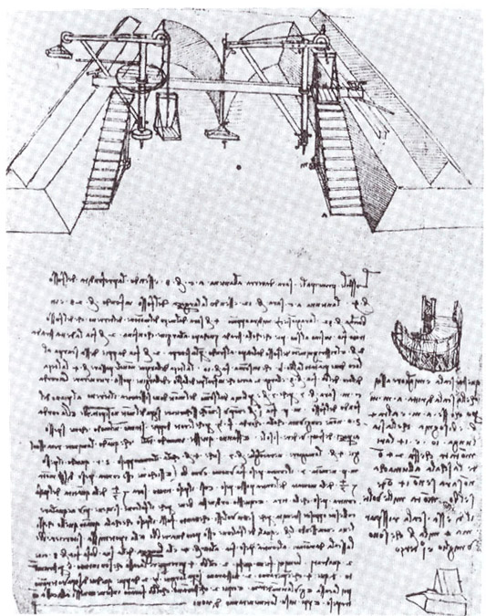 Pagina del progetto di sollevamento terra per la costruzione del Naviglio ad opera di Leonardo da Vinci