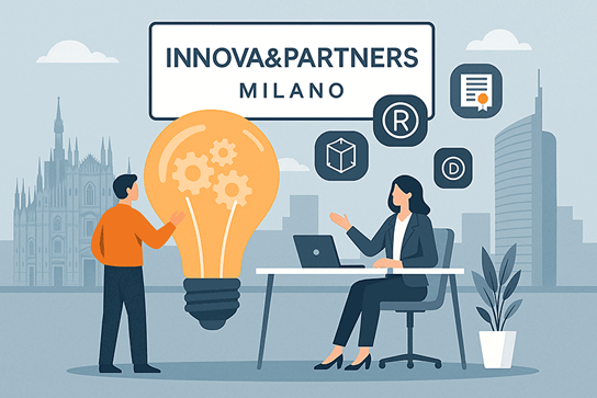 Illustrazione moderna che rappresenta Innova&Partners Milano: una consulente e un inventore discutono davanti a una grande lampadina con ingranaggi, simbolo di idee e brevetti, sullo sfondo dello skyline di Milano con il Duomo e i grattacieli di Porta Nuova.