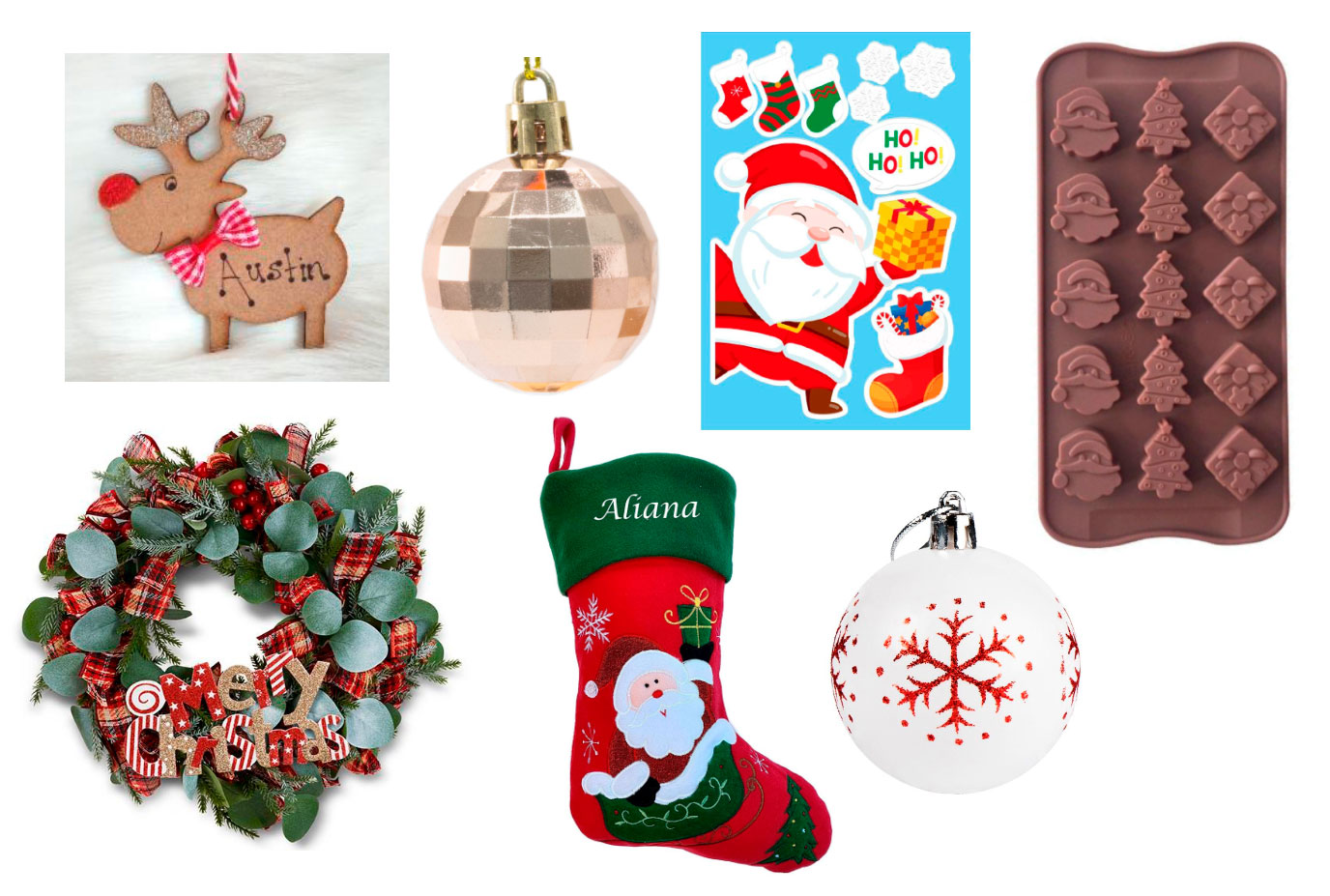 Oggetti con forme tutelate dal design registrato. In questa immagine sono presenti palle di natale; coccarde; calze per regali; stampi per biscotti; ciondoli e stickers.